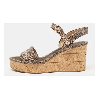 Salvatore Ferragamo Brown Lizard Embossed Leather Madea Cork Wedge Sandals Size 40.5