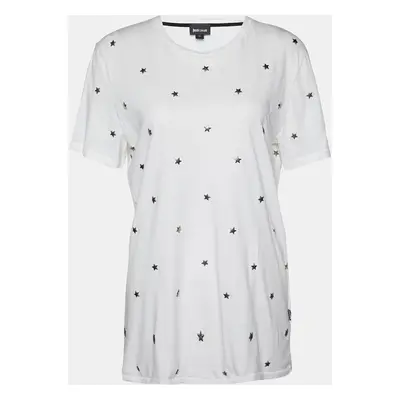 Just Cavalli White Cotton Knit Star Studded T-Shirt