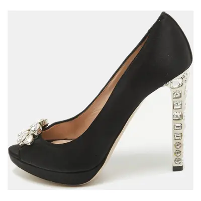 Miu Miu Black Satin Crystal Embellished Peep Toe Platform Pumps Size 37.5