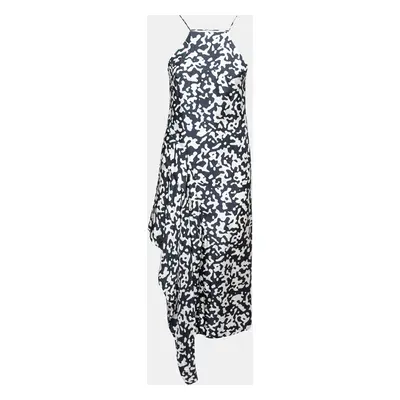 Josh Goot Navy Blue and White Printed Silk Side Bustle Dress