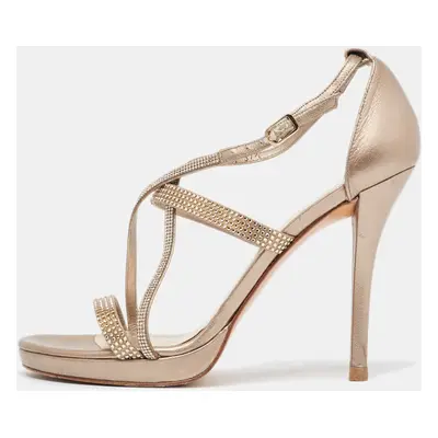 Stuart Weitzman Metallic Gold Leather Crystal Embellished Ankle Strap Sandals Size 37.5