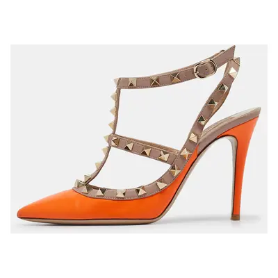 Valentino Neon Orange/Dusty Pink Leather Rockstud Ankle Strap Pumps Size 36.5