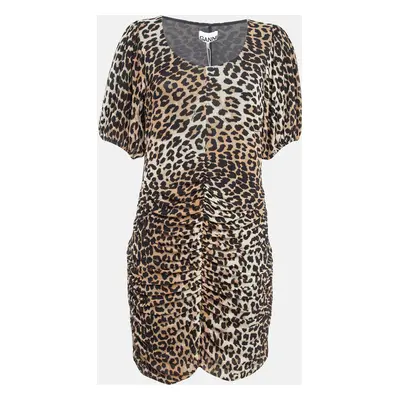 Ganni Brown Brown Leopard Print Jersey Mesh Ruched Mini Dress