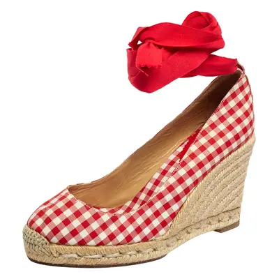 Christian Louboutin White/Red Canvas Espadrille Wedge Sandals Size