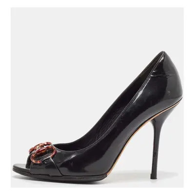 Gucci Black Patent Leather Horsebit Peep Toe Pumps Size