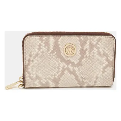 Michael Kors Beige/Brown Snakeskin Embossed Leather Jet Set Zip Around Wallet