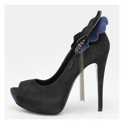 Loriblu Black/Blue Suede Embellished Peep Toe Pumps Size