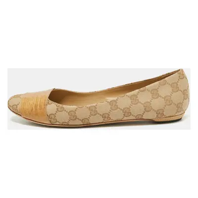 Gucci Beige/Brown GG Canvas and Embossed Lizard Ballet Flats Size