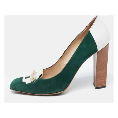 Tod's Green/White Leather and Suede Loafer Pumps Size