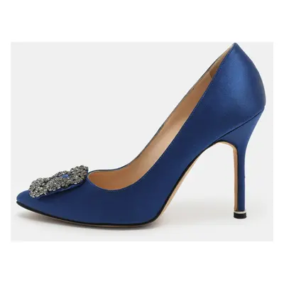 Manolo Blahnik Blue Satin Hangisi Embellished Pumps Size 36.5