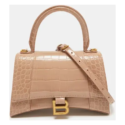 Balenciaga Beige Croc Embossed Leather Small Hourglass Top Handle Bag