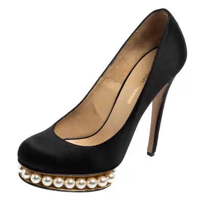 Nicholas Kirkwood Black Satin Casati Faux Pearl Platform Pumps Size