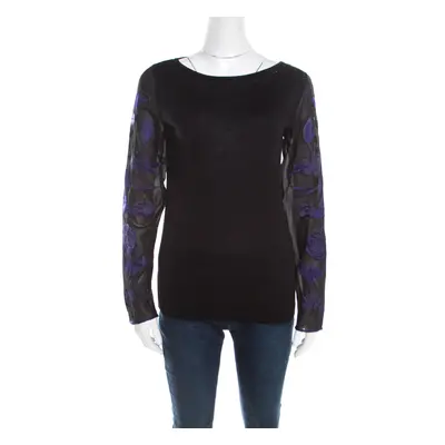 Escada Black Silk Wool Knit Floral Embroidered Long Sleeve Top