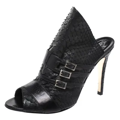 Gina Black Python and Leather Buckle Detail Peep Toe Mules Size