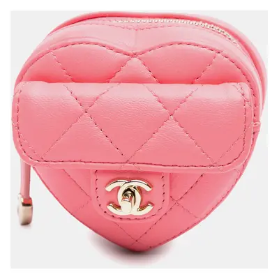 Chanel Pink Lambskin CC In Love Heart Zipped Arm Coin Purse