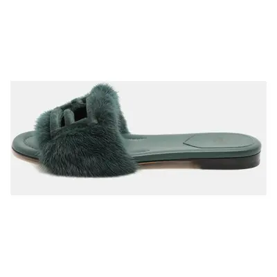 Fendi Green Mink Fur Baguette Flat Slides Size