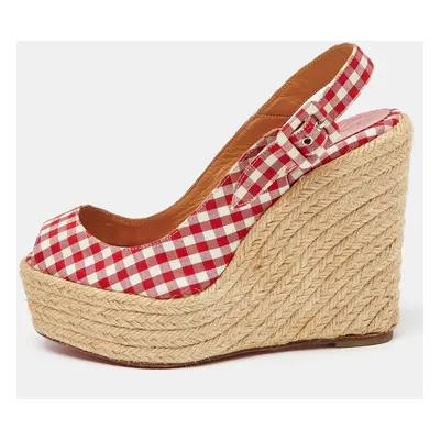 Christian Louboutin Red/White Gingham Fabric Menorca Espadrille Wedge Pumps Size