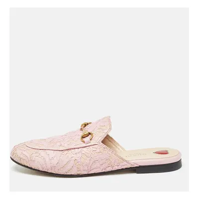 Gucci Pink/Beige Lace and Leather Princetown Flat Mules Size