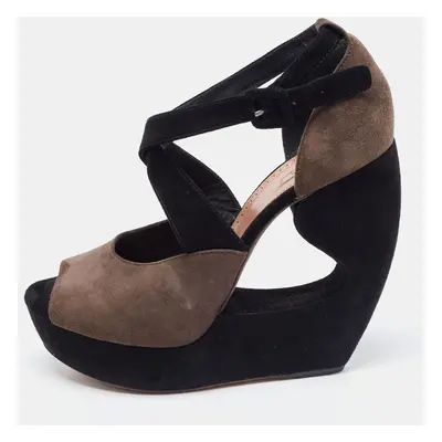 Alaia Brown and Black Suede Wedge Platform Ankle Strap Sandals Size