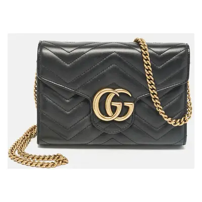 Gucci Black Matelassé Leather GG Marmont Wallet On Chain