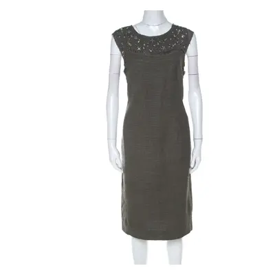 Escada Olive Green Tweed Embellished Delrose Sleeveless Dress