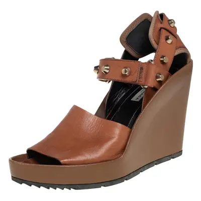 Balenciaga Brown Leather Wedge Ankle Strap Sandals Size 38.5