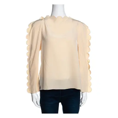 Fendi Cream Silk Scalloped Long Sleeve Blouse