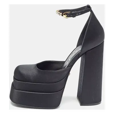 Versace Black Satin Aevitas Crystal Embellished Platform Block Heel Ankle Strap Pumps Size