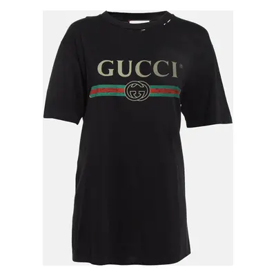 Gucci Black Logo Print Distressed Cotton T-Shirt