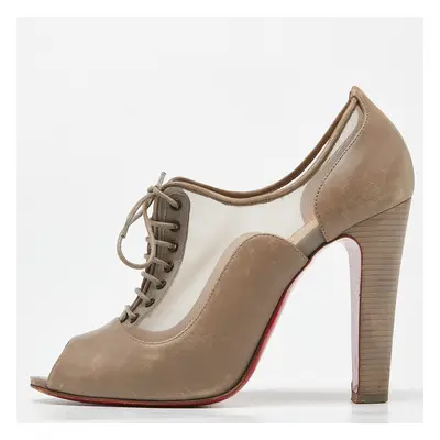 Christian Louboutin Beige Mesh and Leather Flannel Lady Peep Toe Lace Up Oxford Booties Size 38.