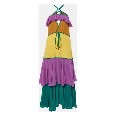 Dsquared2 Purple Colorblock Silk Ruffled Sleeveless Long Dress