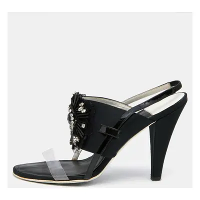 Chanel Black Satin And PVC Embellished Slingback Sandals Size