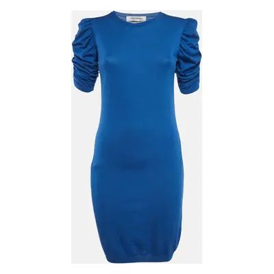 Saint Laurent Blue Knit Ruched Sleeves Midi Dress