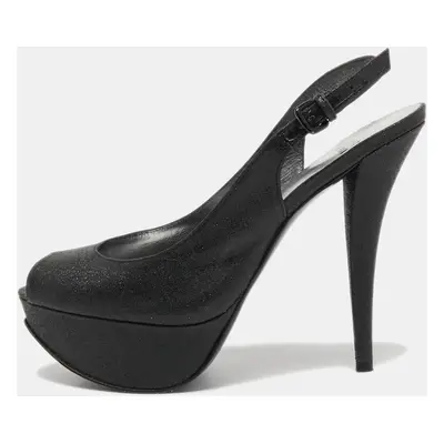 Stuart Weitzman Black Glitter and Leather Peep Toe Slingback Pumps Size