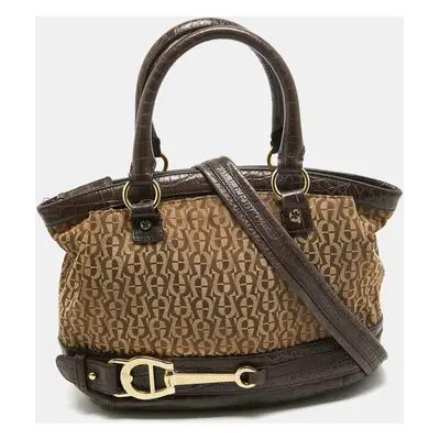 Aigner Dark Brown/Beige Signature Canvas and Croc Embossed Leather Buckle Logo Satchel