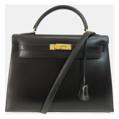 Hermes Black Box Calf Leather Kelly Handbag