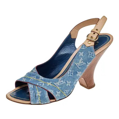 Louis Vuitton Blue Monogram Denim and Leather Slingback Sandals Size 38.5