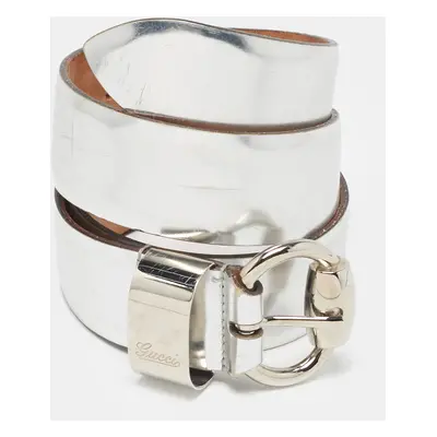 Gucci Silver Leather Horsebit Buckle Belt