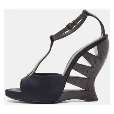 Bottega Veneta Navy Blue/Brown Satin and Textured Leather Ankle Strap Wedge Sandals Size