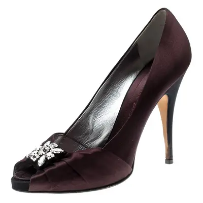 Giuseppe Zanotti Burgundy Satin Embellished Peep Toe Pumps Size