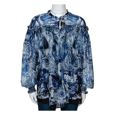 Roberto Cavalli Blue Printed Silk Ruffled Blouse