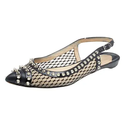 Christian Louboutin Black Leather And Mesh Spiked Flat Sandals Size