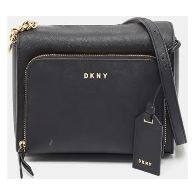 DKNY Black Leather Front Zip Crossbody Bag