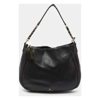 Aigner Black Leather Zip Hobo