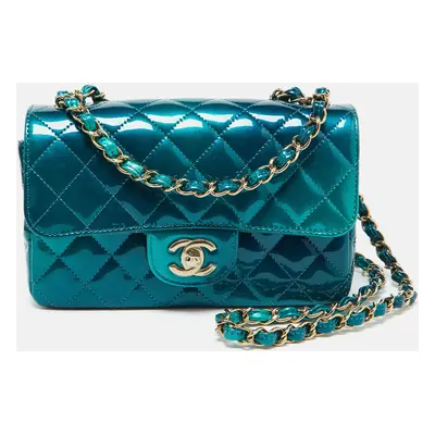 Chanel Green Quilted Patent Leather Mini Rectangle Shaded Classic Flap Shoulder Bag