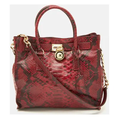 Michael Kors Red/Black Python Embossed Leather Large Hamilton North South Tote