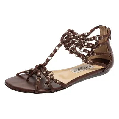 Jimmy Choo Brown Leather Studded Caged T-Strap Flat Sandals Size 37.5