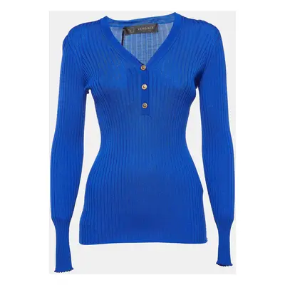 Versace Blue Rib Knit Wool Full Sleeves Button Detail Sweater