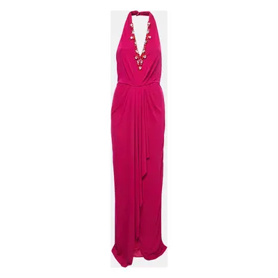 Badgley Mischka Pink Stretch Jersey Embellished Halter Gown