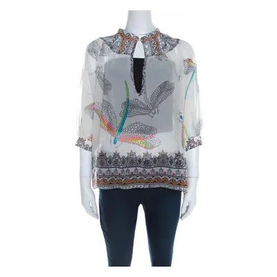 Matthew Williamson Off White Dragonfly Printed Silk Chiffon Sheer Blouse